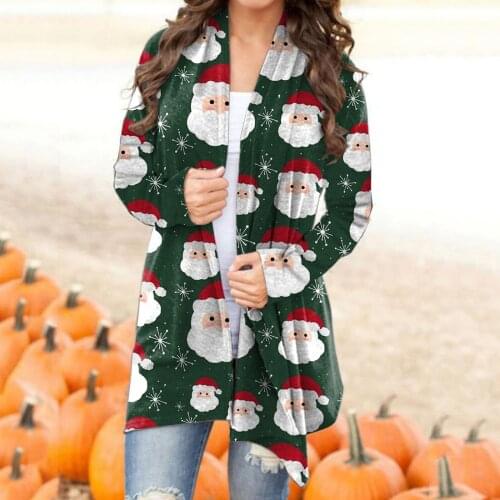 Christmas Old Man Print Open Front Cardigan Women 2021 Fashion Mid Length Loose Coat Mid Length Casual Knittwear Female Jacket