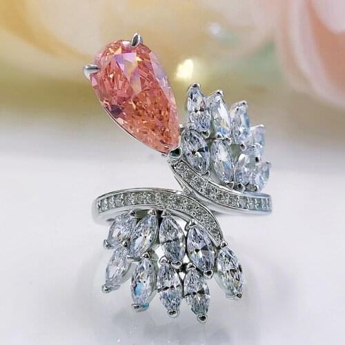 925 Silver 7*13 Created Moissanite Pink Quartz Water Drop Feather Flower Ring For Women Engagement Anniversary Fine Jewelry 2021