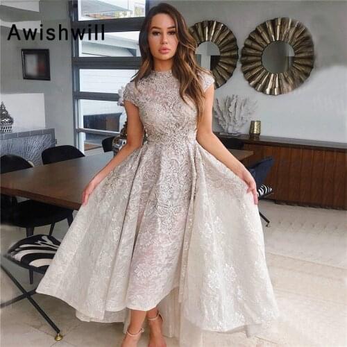 Fashion High Neck Asymmetrical Evening Dresses 2020 Short Sleeve Lace Beading Evening Gowns High Low Prom Dress Elegant