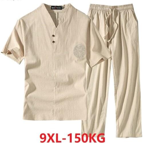 Mens Clothing Large Size Tracksuit Husband 2021 Summer Suit Linen t-shirt Fashion Male Set Chinese Style 8XL 9XL plus Two Piece
