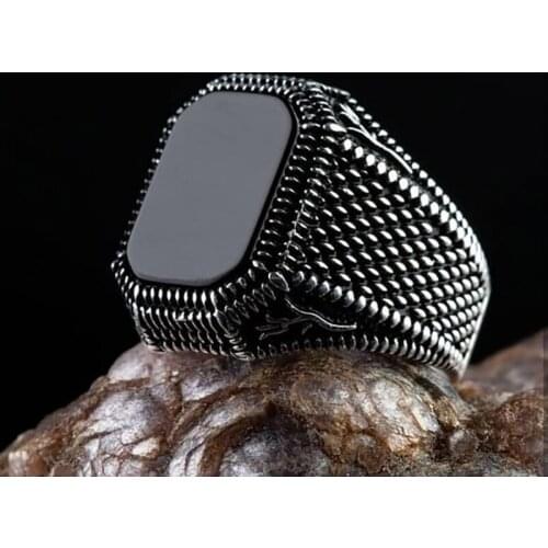 Mens Rings Vintage Natural Black Square Agate Pattern Gift For Men Luxury Jewelry Punk Anniversary Party Fashion Gift