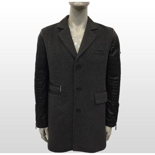 Men Famous Brand Grey Wool Fabric Black Genuine Leather Long Blazers Plus Size Three Botton High Quality Business Designer Suit