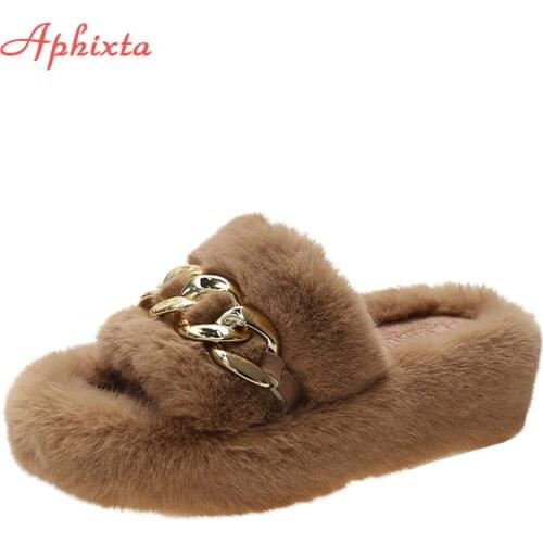 Aphixta 2021 New Warm Furry Winter Luxury Gold Chain Home Slippers Women Flip Flop Chunky Sole Mules Shoes Plush Indoor Female