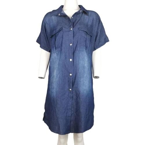 Fashion Women Short Sleeve Pockets Single-breasted Loose Knee-length Shirt Dress Womens Casual Turndown Neck Denim Party Dress