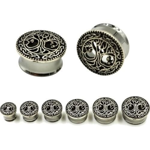 PAIR Surgical Steel Tree of Life Hollow Double Flared Flesh Tunnel Plug Earring Gauge Ear Expander Stretchers Piercing Jewelry