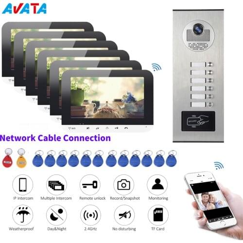 WIFI Video Monitor 7 inch IP intercom Network Cable connected APP Control RFID Unlock Video Doorbell For 6 Unit Apartment System