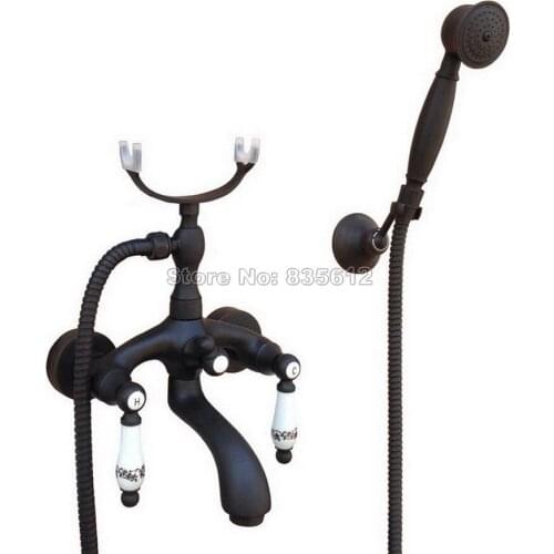 Bathroom Black Oil Rubbed Bronze Dual Holder Dual Control Wall Mounted Bath Tub Faucet Mixer Tap Handheld Shower Head Wtf571