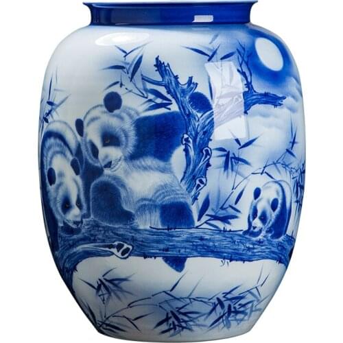 Top Grade Unique Three Pandas Blue and White Porcelain Flower Vase Great Master Hand Drawing Tabletop Hall Cabinet Home Decorate