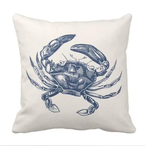 Vintage Crab Illustration Navy Blue on Cream Throw Pillow case
