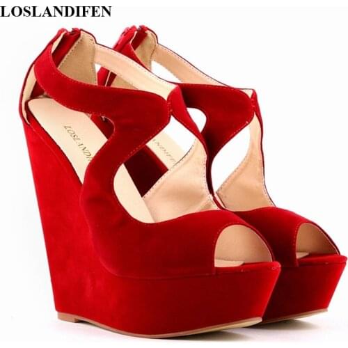 New Arrival Cut-Outs Sexy Women Party Sandals Solid Flock High Heels Shoes Peep Toe Fashion Womens Wedges Sandals High Platform
