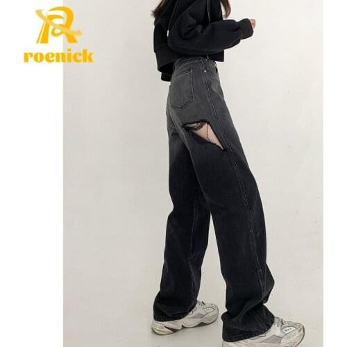 ROENICK Womens Jeans Hole High Waist Gradient Straight Pants Loose Hip Hop Streetwear Fashion Casual Ripped Trousers Spring