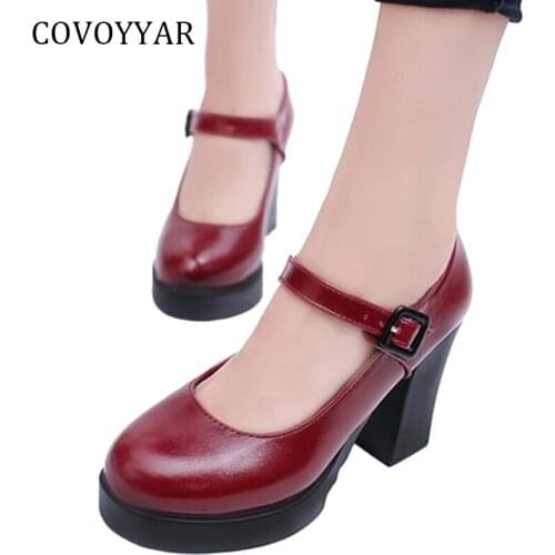 COVOYYAR 2019 Work OL Shoes Spring Autumn Women Buckle Strap Chunky High Heels Stiletto Platform Women Pumps Black Shoes WHH642