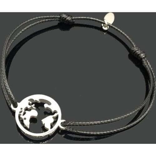 Wish Bracelet World Map Stainless Steel Charm Good Luck Bracelet World Map Pendant Adjustable String Bracelet For Men Women