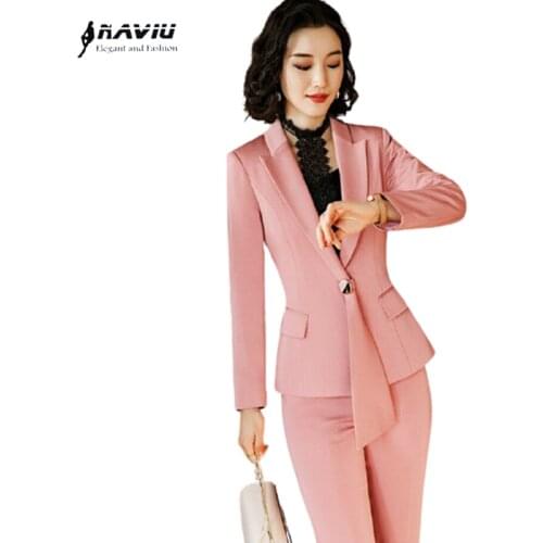 Formal Women Pink Pant Suits Office Ladies Work Wear Apparel Tie Collar Jacket Blazer and Trouser Outfit Winter Fall 2 Piece Set