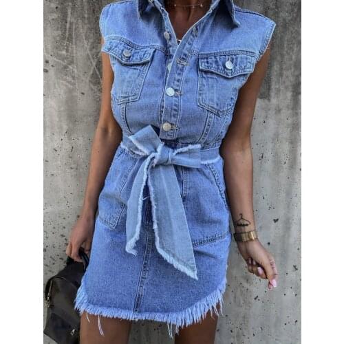 Sexy Fashion Sleeveless Bodycon Mini Dress Women Spring Summer Vestidos 2021 Retro Jeans Dress Ladies Vintage Washed Denim Dress