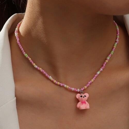 Cute New Colorful Acrylic Resin Beads Bear Shell Pearls Pendant Necklace for Women Party Choker Bohemia Jewelry Gift