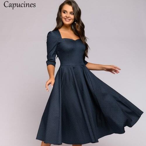 Capucines 2020 Autumn Vintage Square Collar Dot Print Dress Women 3/4 Sleeve A Line Bow Tie Backless Sexy Mid-Calf Dresses