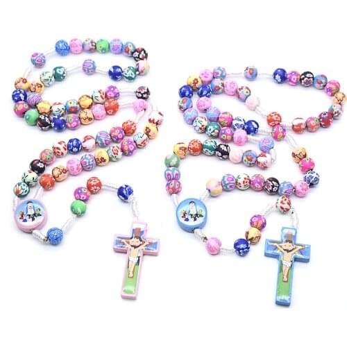 Colorful Cross Beaded Pendant Necklaces for Boy Girl Child Long Rosary Prayer Christian Religious Men Kids Jewelry