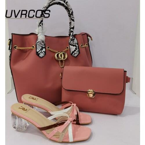 Mature Style New Arrival Nigerian Women Party Shoes Matching Bag Set New Design Italian Ladies Shoe and Bag Set in Peach Color