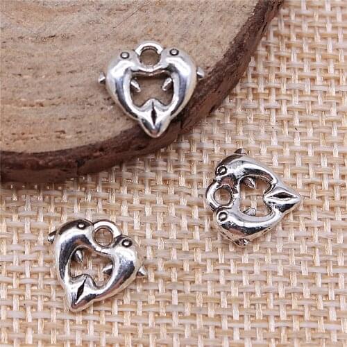 92pcs 11x11mm antique silver Dolphins loving dolphins two dolphins charms diy retro jewelry fit Earring keychain pendant