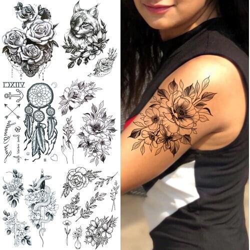 Black Peony Flower Temporary Tattoos For Women Lady Realistic Cat Rose Lace Snake Sword Fake Tattoo Sticker Waterproof Tatoo Art