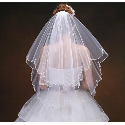 Free shipping Bridal Veil Two-Layer Women Flower Beaded Wedding Veils Short Bridal Mesh Veil With Comb Veil Short velo de novia