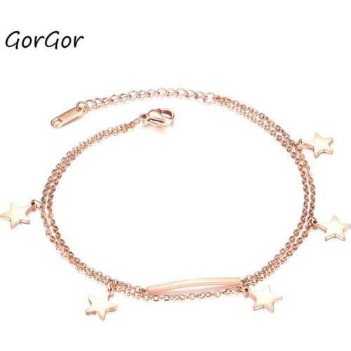 GorGor Fashion temperament five-pointed star rose gold plated girlfriends double titanium steel anklet for women gift 096