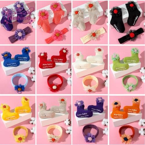 Nishine Fashion Net Yarn Artificial Flower Hairband and Medium Socks Set Infant Breathable Knitting Cotton Sock Birthday Gifts