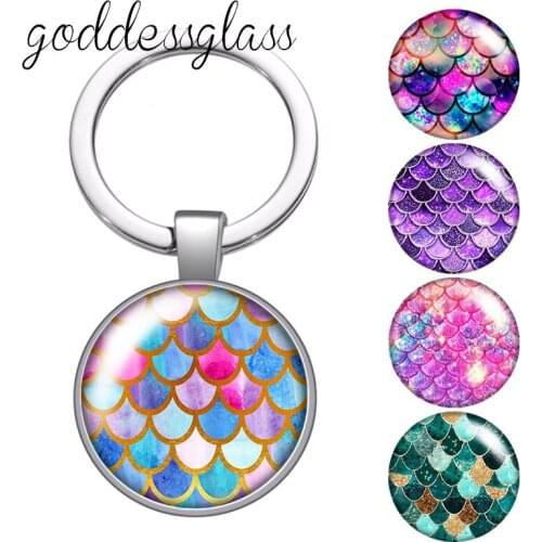 Colorful Fish scales shellfish beauty Round glass cabochon keychain Bag Car key chain Ring Holder Charms keychains for gift