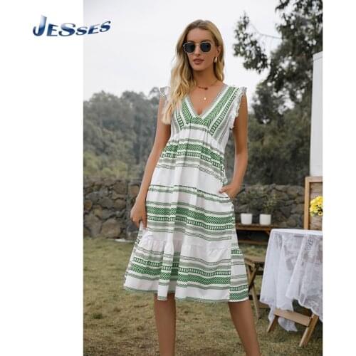 Summer Striped V-neck Dress Bohemian Style Sexy Sleeveless Mini Dresses Ladies Plus Size Sundress For Women S-2XL Loose Vestidos