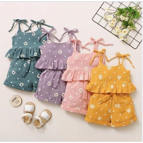 Summer 2-6Years Toddler Girls Outfits Sleeveless Bow Tie Strap Daisy Print Tops+ Shorts Set Clothes