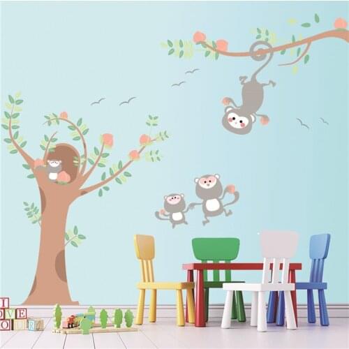 Lovely Monkey Animals Wall Stickers Boy Girl Nursery Kids Room Decor Art Tree Living Room Bedroom Decal for Furniture Wallpaper