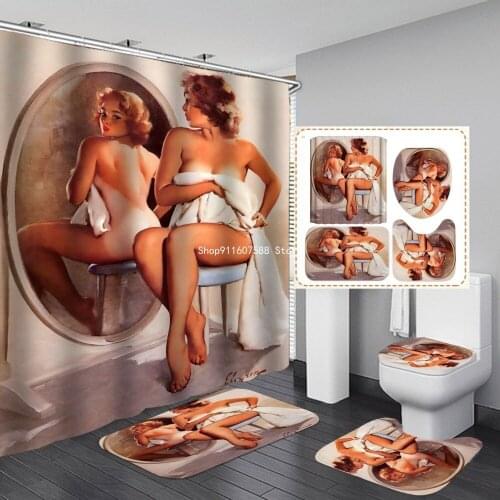 Fashion Sexy Woman Printed Shower Curtains With 12 Hooks Bathing Toilet Cover Bath Mat Non-Slip Rug Set Retro European Style