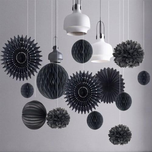 12pcs Black Birthday Party Decorations Set Paper Fans/Lanterns Pom Pom Honeycomb Ball Wedding Party Supplies Home Decorations