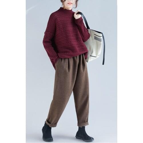 Obrix Autumn Spring warm woolen casual style pants calf length elastic waist loose solid pattern pockets