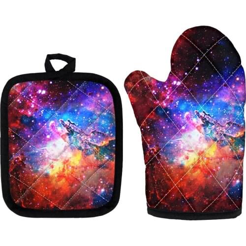 2pcs/set Galaxy Design Oven Glove Thickening High Temperature Oven Glove and Pot Handle Pad Cooking Microwave Oven Mitts