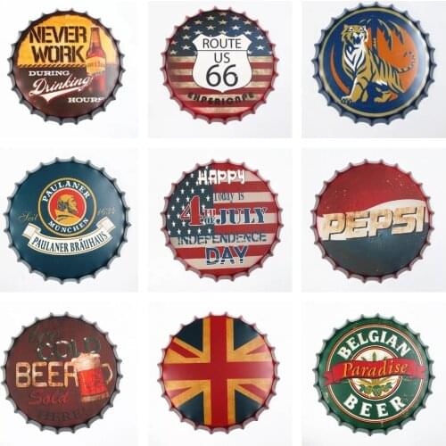 35cm Beer Cap Metal Tin Signs Plate Retro Cafe Bar Pub Wall Decor Plaque Vintage Round Home Art Poster Multi Size