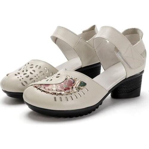 2020 New Summer Hollow Printing Women Sandals Comfort Genuine Leather Sandals Fashion Casual Sandals Non-slip High Heel Sandals