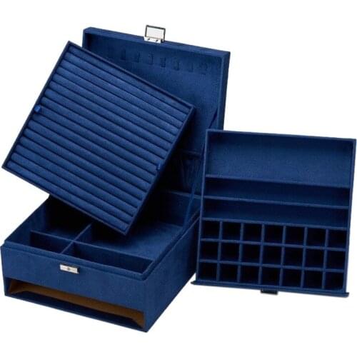 Three-Layers Suede Jewelry Organizer Box Necklaces Earrings Rings Large Storage Case with Lock for Women