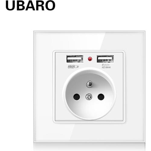 UBARO 86*86 French Standard Ac100-250V 16A Crystal Glass Panel Socket Electrique Power Sochets prise Murale Usb 5V 2100mA