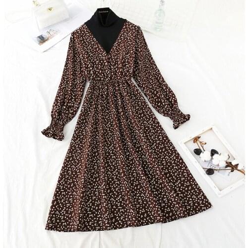 Corduroy Floral Women Dresses Vintage Knitted Patchwork Vestidos 2020 Sweet Korean Long Dress A-line