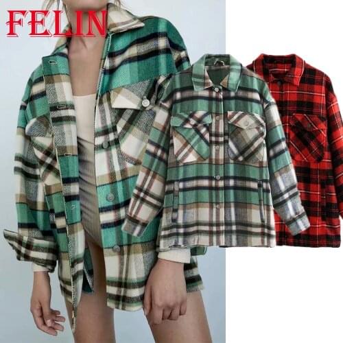 Za 2021 Women Chic Plaid Print Oversized Long Shirts Single Button Vintage Women Jackets Autumn Winter Warm Women Coats Outwears