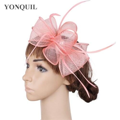 Pink Bowknot Millinery Sinamay Fascinator Hat Nice Feather Hair Accessories Ladies Cocktail Headpieces 21Colors Available MYQ092