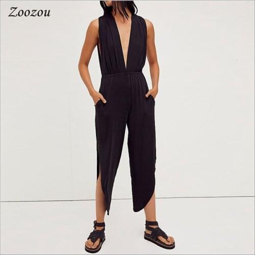 Ladies Elegant Satin Loose Jumpsuit Side Slit Lace-up Lace Up Sexy V-neck Romper Overalls Pockets Summer Women Rompers Custom