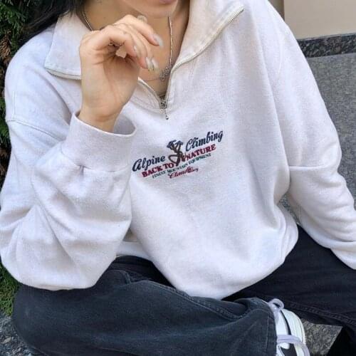 B-TOTO American Retro White Lapel Half Zipper Sweater Women Trendy Ins Spring And Autumn Pullover Loose