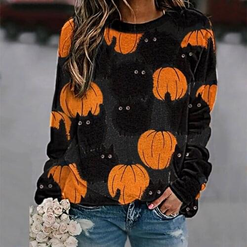Women Sweatshirt Halloween Black Cat Pumpkin O-neck Long Sleeve Cute Pullovers Female Girls Casual Autumn Winter Female Clothes