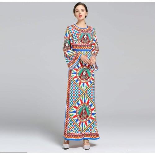 2020 Runway Designer O-Neck Full And Flare Sleeve Figure Print Elegant Casual beach dress Long Dress Women vestido