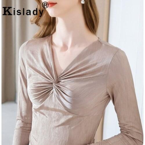 2020 Korean Plus Size Fashion Harajuku Shirts Sexy V-Neck Patchwork OL Tops Shirt Kislady Elegant Long Sleeve Fold Women Clothes