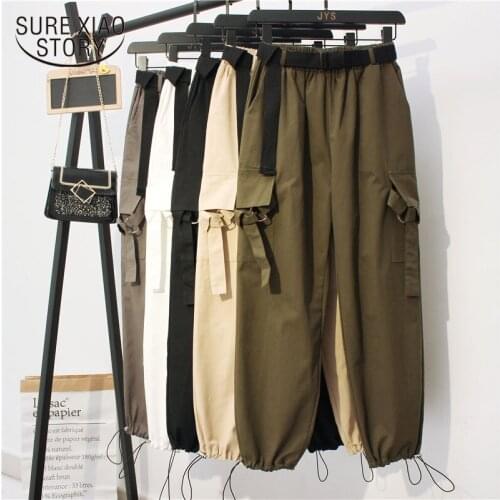 High Waist Pants Women Casual Loose Pants Elastic Trousers Women 2020 Fall Cotton Solid Clothes with Safari Style Pantalon10656