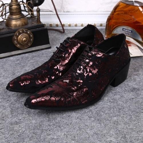 Christia Bella Designer Floral Print Party Men Oxford Shoes Pointed Toe Lace Up Real Leather Shoes Mid Heel Club Brogue Shoes